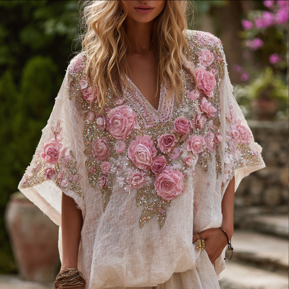 Bohemian Style Three-dimensional Pink Rose Sparkling Sequin Vintage V-neck Short-sleeved Shirt elevenforest