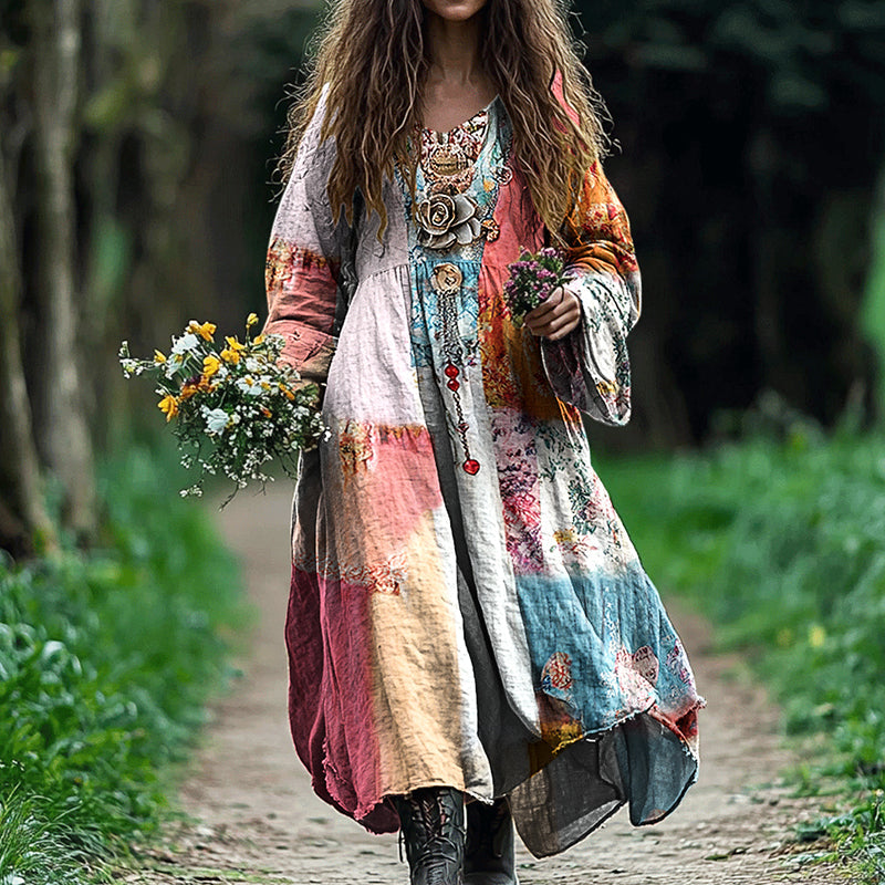 Women's Vintage Bohemian Floral Patch V-neck Cotton And Linen Dress elevenforest