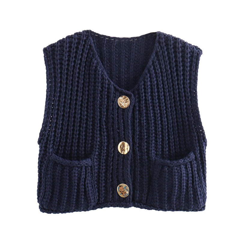 Large Buttons Color Knit Vest Cardigan