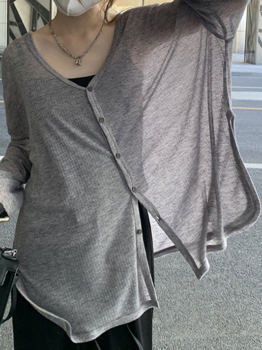 Long Sleeves Loose Buttoned Color Sun Protection V-neck Cardigan Tops