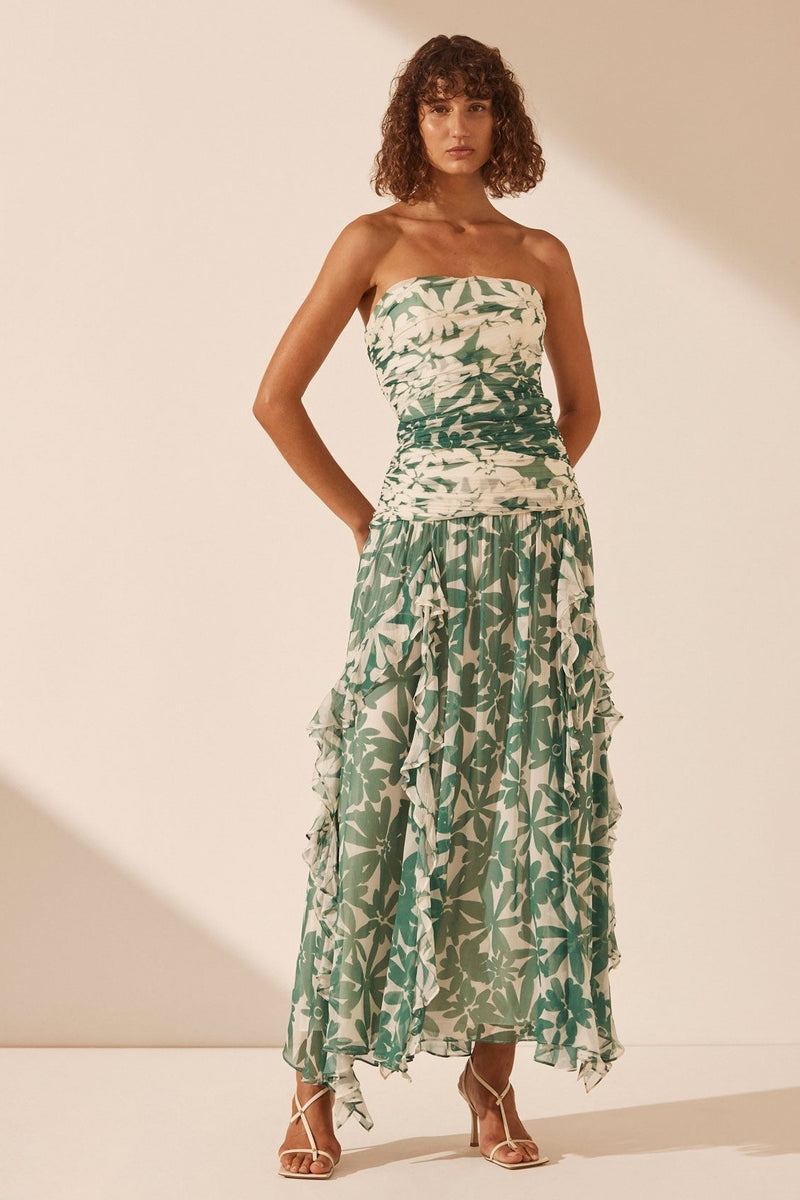 Ruched Strapless Midi Dress