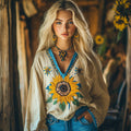 Ukraine Sunflower Embroidery Blend Linen V Neck Loose Blouse elevenforest
