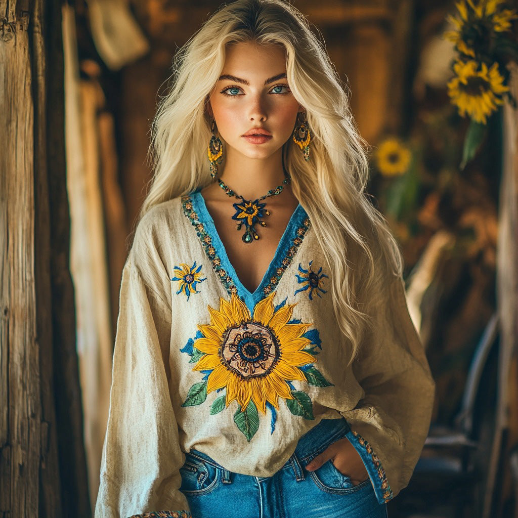 Ukraine Sunflower Embroidery Blend Linen V Neck Loose Blouse elevenforest