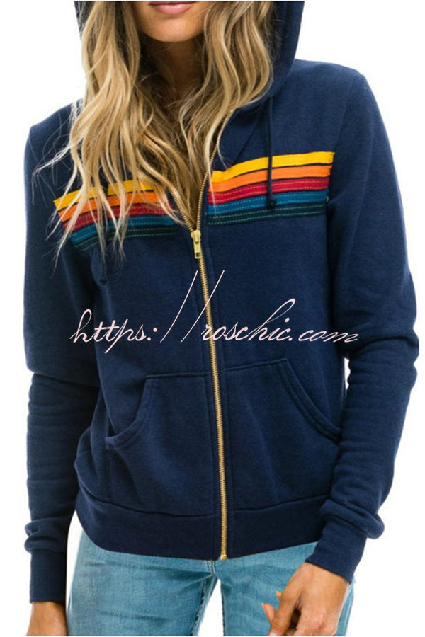 Contrast Zip Pocket Long Sleeve Hooded Coat