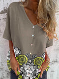 Women's Elegant Floral Shirt Style Cotton and Linen Top
