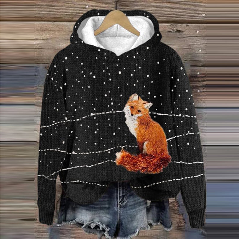 Snow Fox Print Print Cozy Knit Hooded Sweater artswardrobe