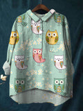 Cute Cartoon Hand Drawn Owl Daisy Printed Cotton And Linen Shirt