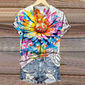 Women's Watercolor Ink Splashing Floral Art Print V-neck Casual T-Shir