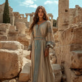 Retro Greek Key Small V Neck Linen Blend Maxi Dress elevenforest