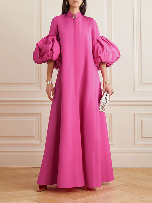 Loose Flower Shape Color Stand Collar Lantern Sleeves Maxi Dresses