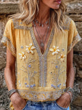 Vintage Yellow Lilies Embroidered V Neck Linen Shirt elevenforest