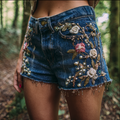 Women's Bohemian Style Three-dimensional Pink Flower Design Denim Shorts elevenforest