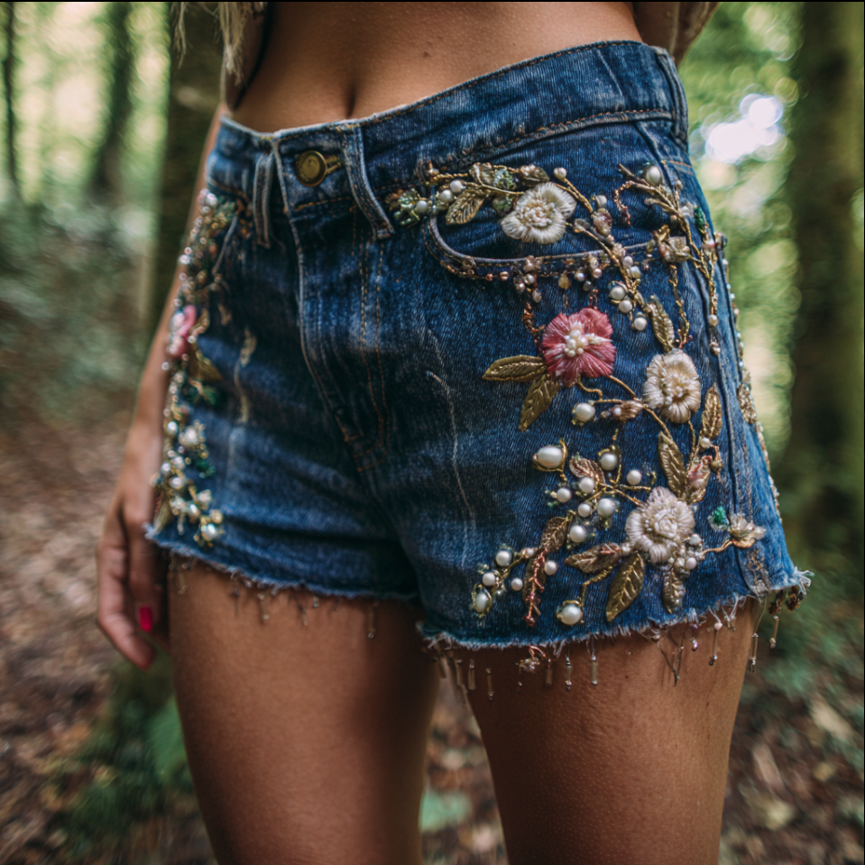 Women's Bohemian Style Three-dimensional Pink Flower Design Denim Shorts elevenforest