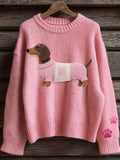 Comstylish Women's Pink Ribbon Animal Dog Print Cozy Knit Sweater