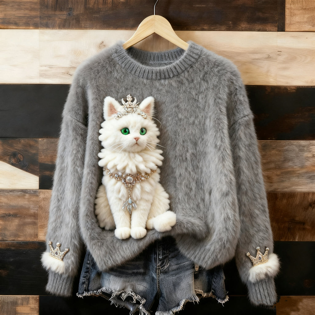 Cute Fluffy Cat Pattern Thick Pullover Sweater elevenforest