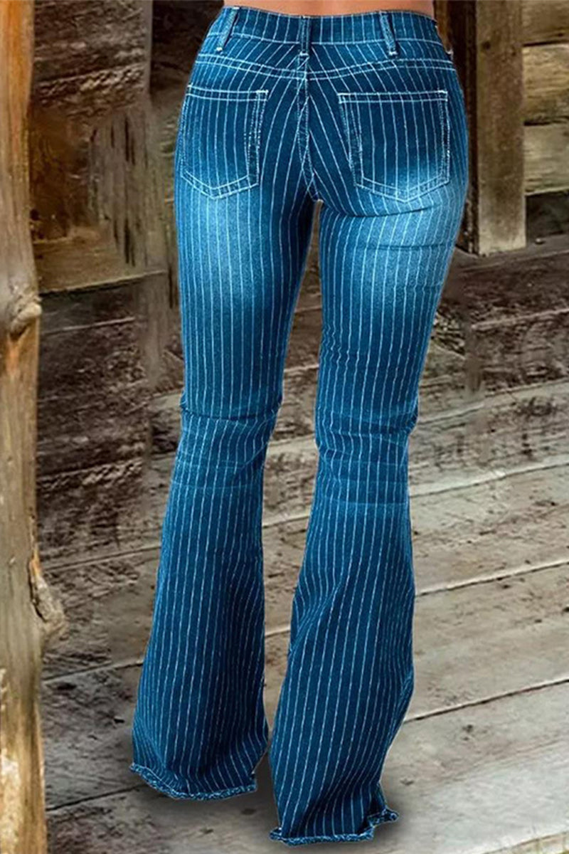 Street Striped Make Old Mid Waist Regular Denim Jeans