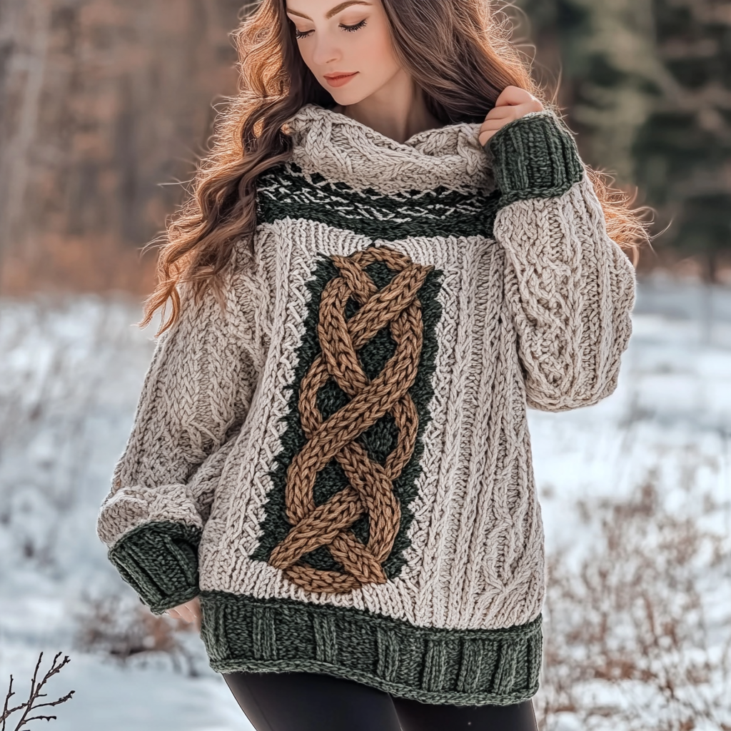 Women's Celtic Knot Vintage Cozy Chunky Knit Hooded Sweater elevenforest