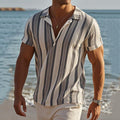 Men's Casual Vacation Cotton And Linen Striped T-shirt elevenforest