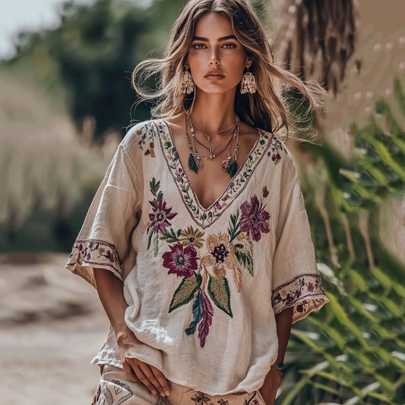 Women's Floral Embroidery V Neck Casual Linen Top elevenforest