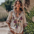 Women's Floral Embroidery V Neck Casual Linen Top elevenforest