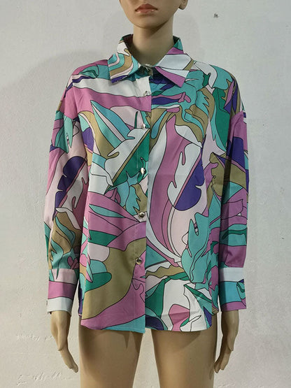 Long Sleeves Loose Contrast Color Printed Lapel Blouses