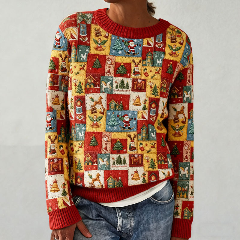 Women's Christmas Patchwork Print Cozy Knit Sweater artswardrobe