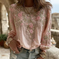 Women's Vintage Pink Flower Embroidery Art Print Round Neck Long Sleeve T-shirt elevenforest