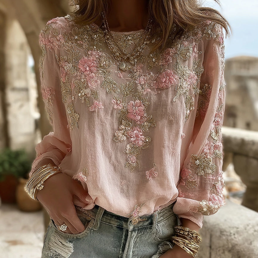 Women's Vintage Pink Flower Embroidery Art Print Round Neck Long Sleeve T-shirt elevenforest