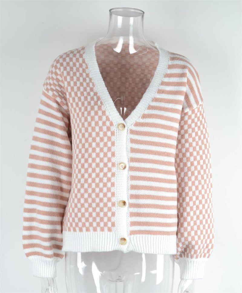 Autumn Winter Knitted Plaid Stitching Striped Cardigan Coat Sweater