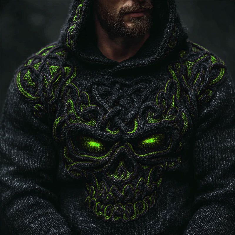 Men's Halloween Skull Celtic Knot Chunky Cozy Knit Hooded Sweater elevenforest