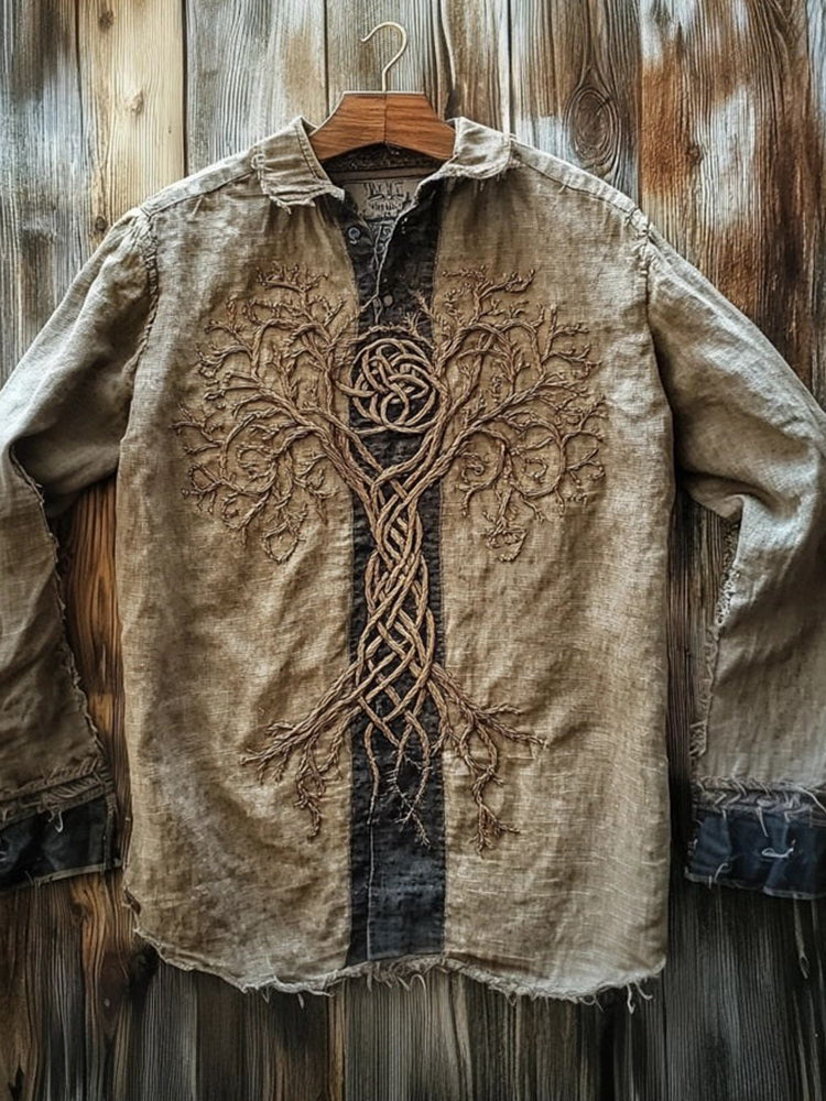 Viking Inspired Tree Of Life Embroidered Contrast Color Linen Shirt elevenforest