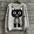 Halloween Cat Skeleton Knitted Jacquard Crew Neck Sweater elevenforest