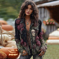 Rose Skull Embroidered Halloween Gothic Gradient Denim Jacket elevenforest