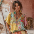 Women's Bohemian Floral Embroidery Patchwork Art V-neck Linen Blend T-shirt elevenforest