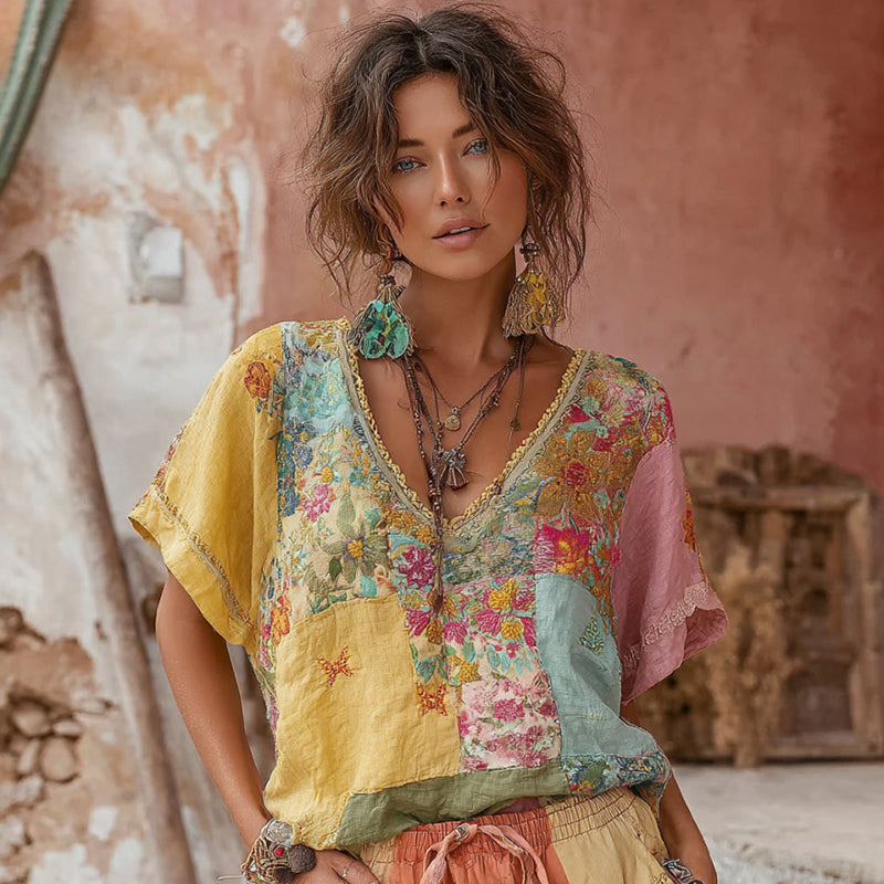 Women's Bohemian Floral Embroidery Patchwork Art V-neck Linen Blend T-shirt elevenforest