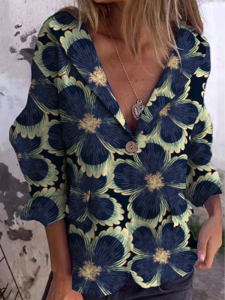Women's Vintage Floral Art Print Casual Linen And Cotton Pocket Coat