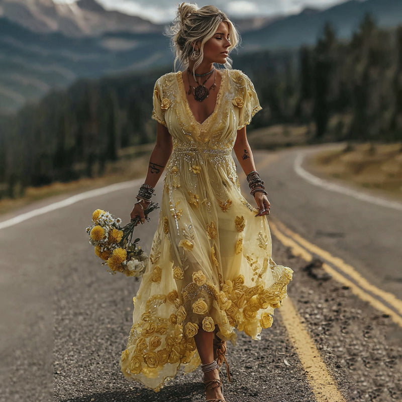 Women's Vintage Yellow Roses And Floral Art Print V-neck Midi Dress elevenforest