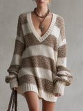 Trendy Variegated Khaki Striped Knit Mini Dress