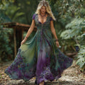Women's Vintage Floral Gradient V-neck Short Sleeves Maxi Dress elevenforest