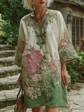 Love & Health Collection Classy Gradient Pink Roses Cancer Awareness Embroidered V Neck Long Sleeve Linen Dress elevenforest