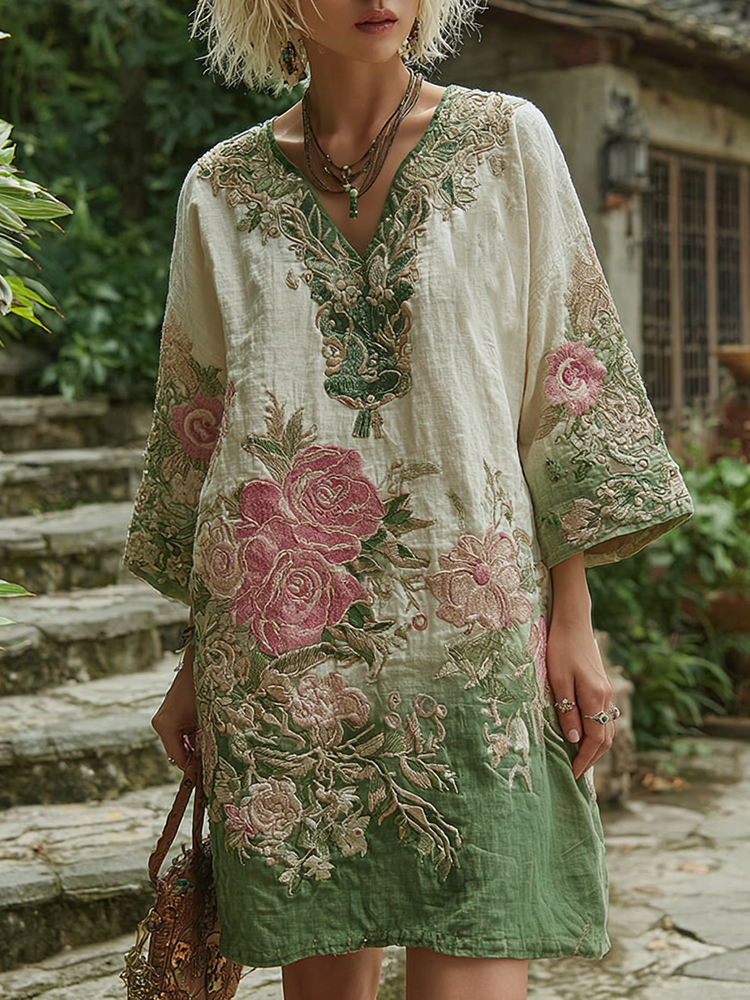 Love & Health Collection Classy Gradient Pink Roses Cancer Awareness Embroidered V Neck Long Sleeve Linen Dress elevenforest