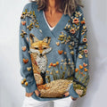Fall Fox Embroidery Art Print V-Neck Cozy Knit Sweater artswardrobe