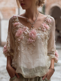 Bohemian Style Round Neck Short Sleeve Three-dimensional Flower Design Women's Thin Top elevenforest