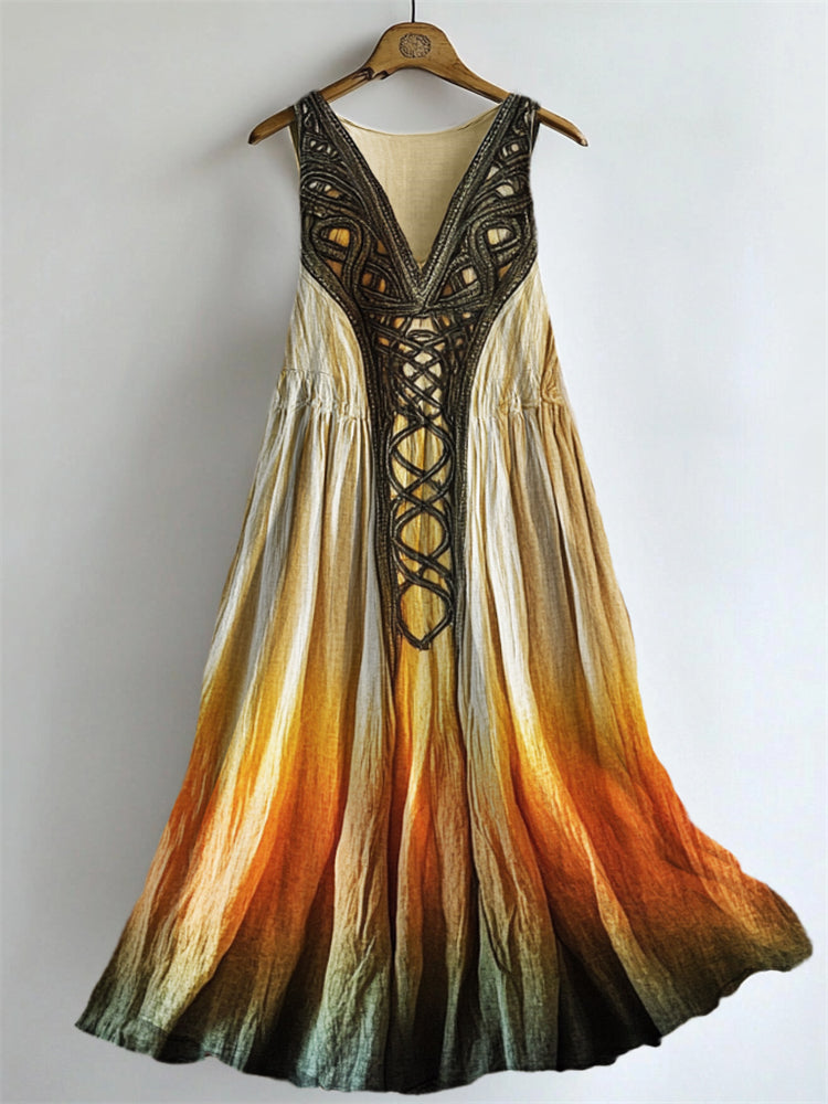 Vintage Celtic Knot Forest Elf Gradient Flowy Linen Dress elevenforest