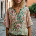 Bohemian Style Pink Flower Sequin Embroidery Vintage Pink-green V-neck Short Sleeve Shirt elevenforest