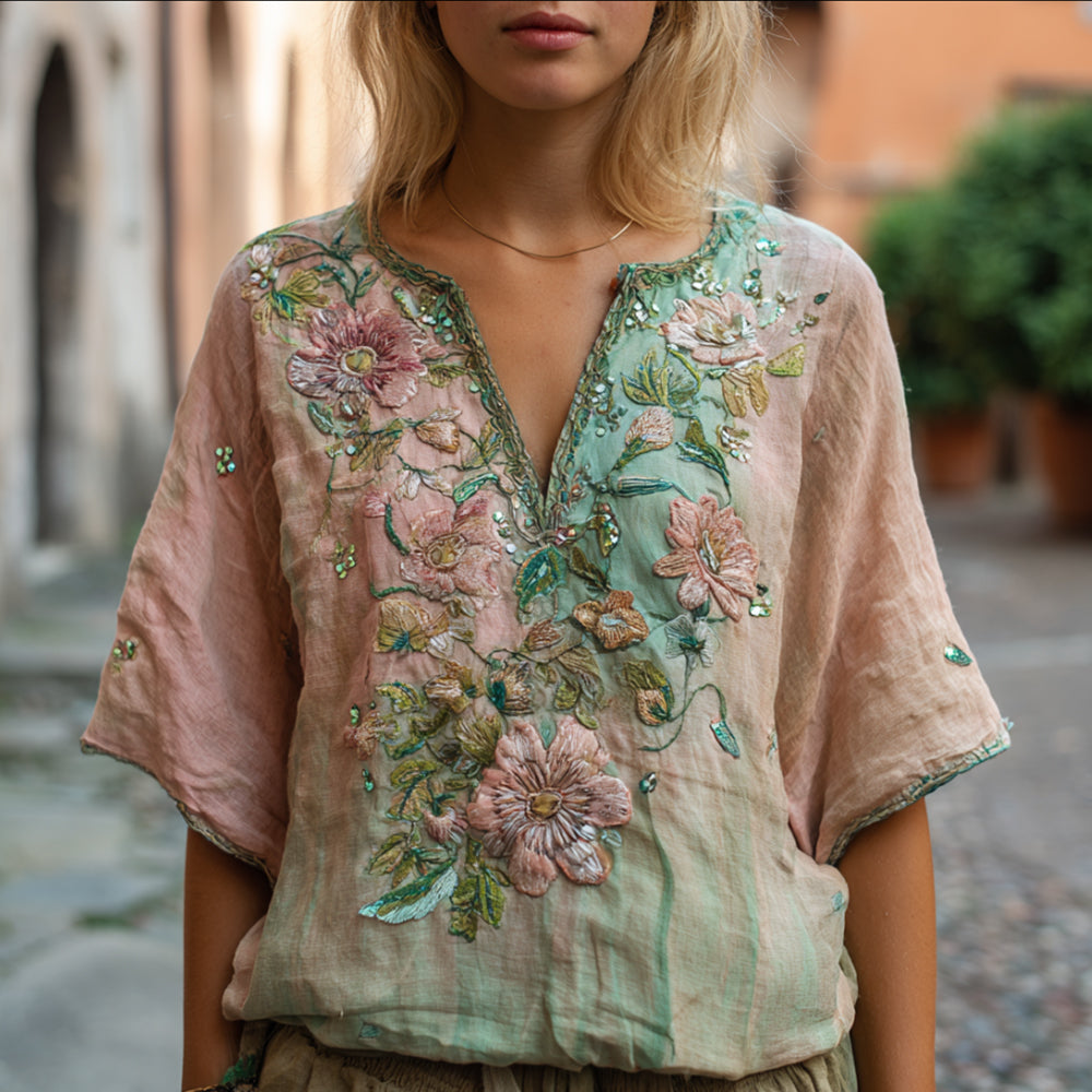 Bohemian Style Pink Flower Sequin Embroidery Vintage Pink-green V-neck Short Sleeve Shirt elevenforest