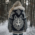 Comstylish Women's Viking Wolf Celtic Art Cozy Fur Collar Knit Hooded Sweater Jacket