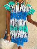 Teal Stripes Ruffled Short-sleeved V-neck Buttoned Dress Vacation Beach Dress
