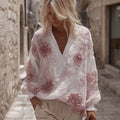 Women's Floral Embroidery Linen V-neck T-shirt elevenforest