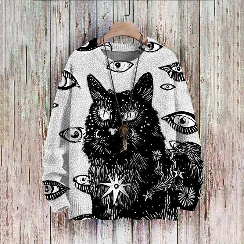 Vintage Cat Art Print Pullover Knitted Sweater elevenforest